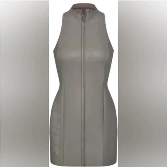 Skims gray rubberized scuba swim front zip mock neck dress - Picture 2 of 11